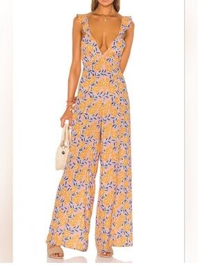 Resa Jilly Orange Purple Floral Sleeveless Wide Leg Tie Back Boho Jumpsuit XS